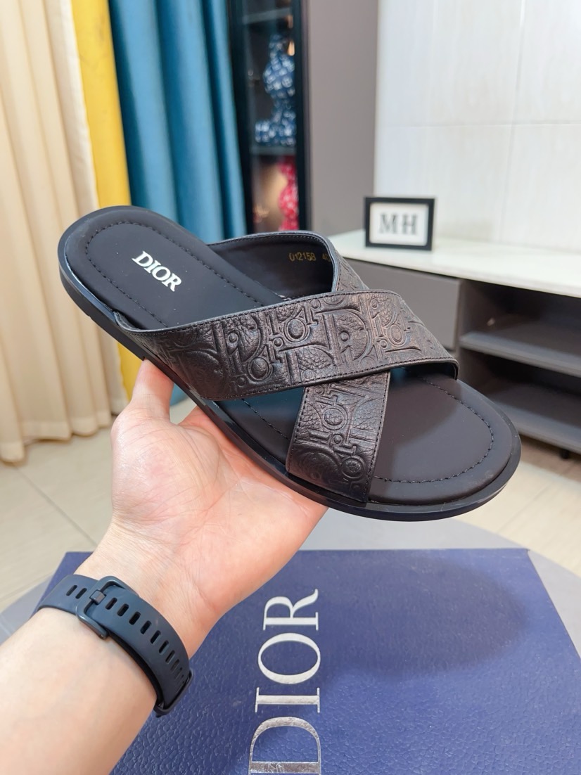 Dior 高仿男士涼拖 壓紋皮革交叉設計黑色簡約百搭款