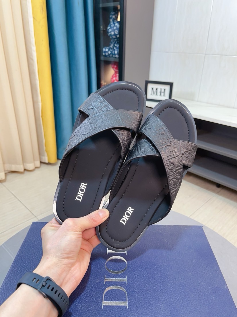 Dior 高仿男士涼拖 壓紋皮革交叉設計黑色簡約百搭款