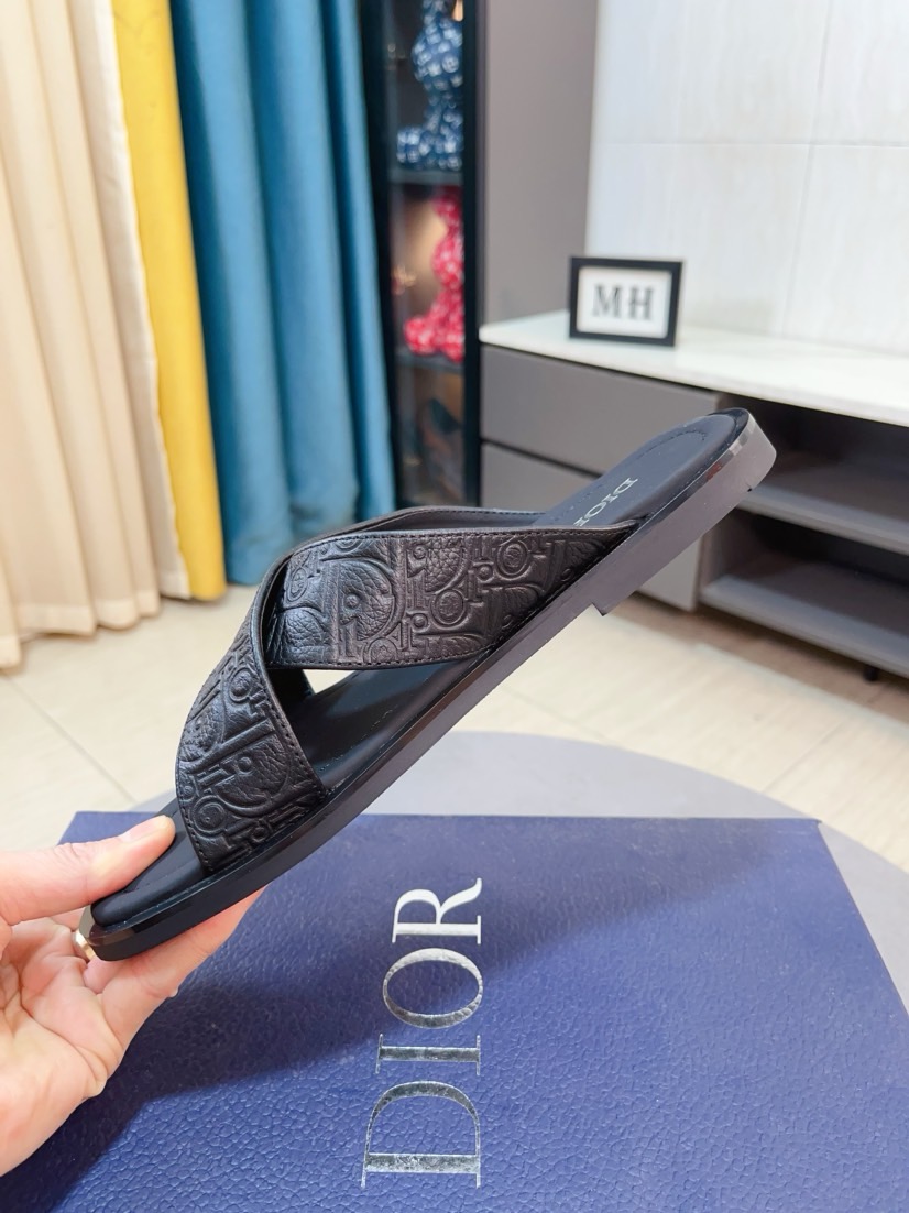 Dior 高仿男士涼拖 壓紋皮革交叉設計黑色簡約百搭款