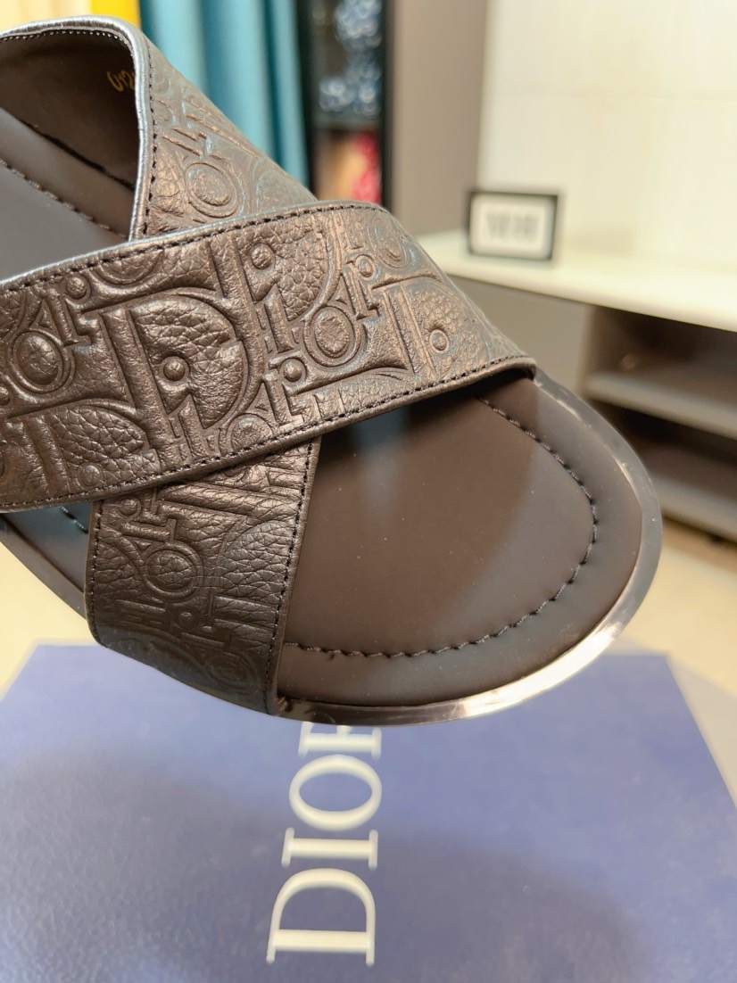 Dior 高仿男士涼拖 壓紋皮革交叉設計黑色簡約百搭款