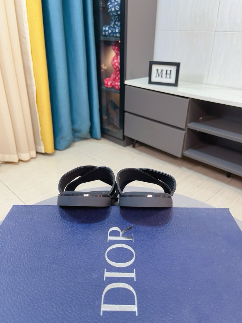 Dior 高仿男士涼拖 壓紋皮革交叉設計黑色簡約百搭款
