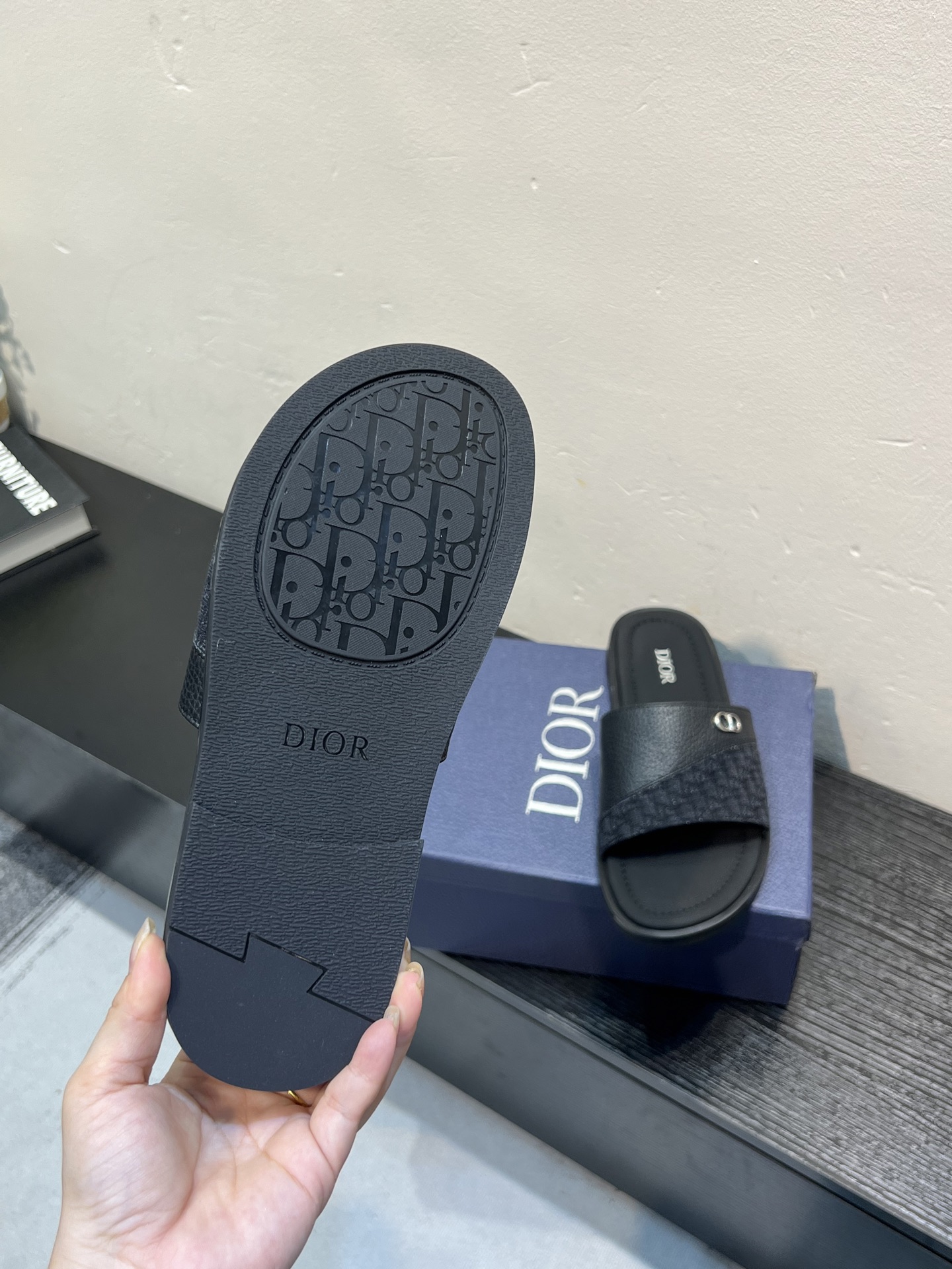 Dior 原單男士涼拖 黑色皮革拼接Oblique低調高質感拖鞋