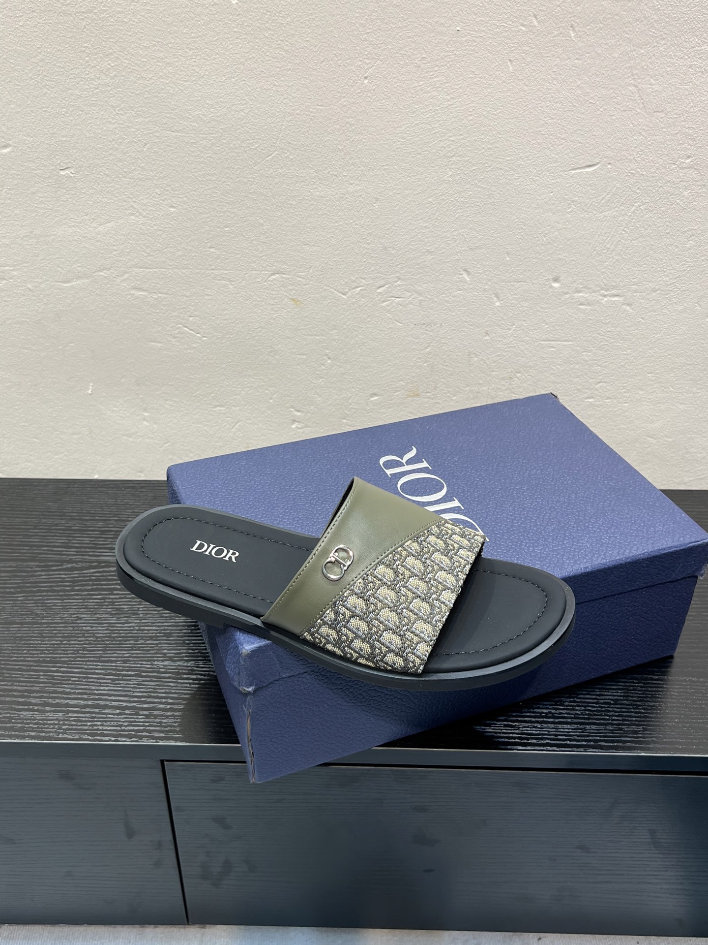 Dior 高仿男士涼拖 橄欖綠皮革拼接Oblique設計時尚休閒拖