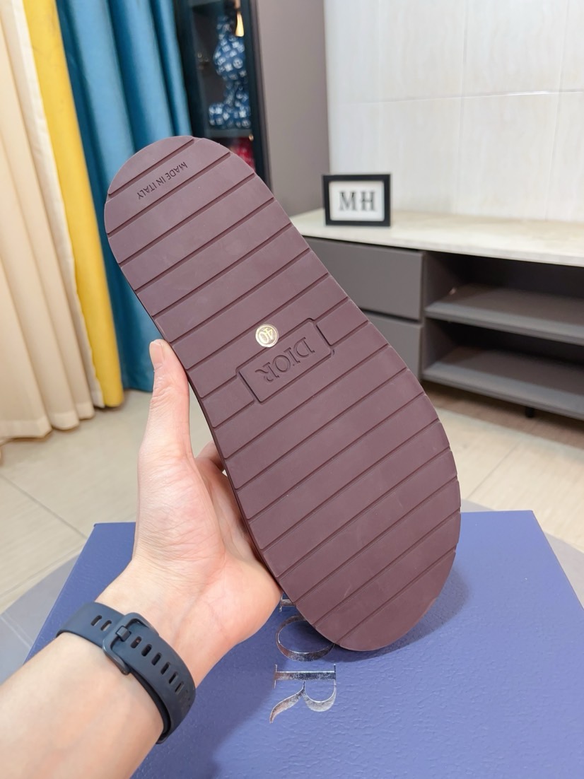 Dior 高仿男士涼拖 卡其Oblique印花搭配金屬扣具設計休閒拖