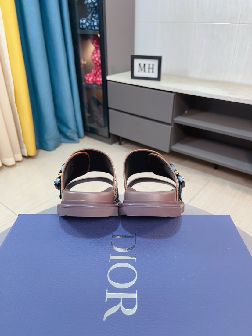 Dior 高仿男士涼拖 卡其Oblique印花搭配金屬扣具設計休閒拖