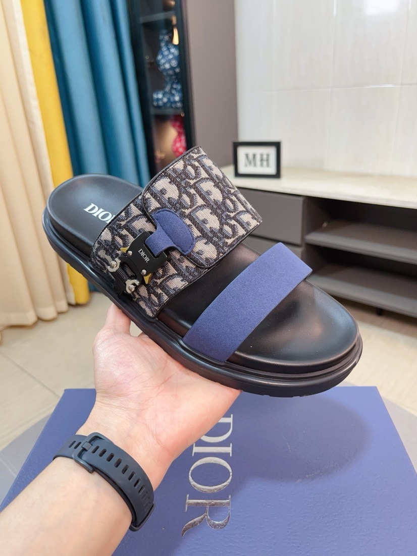 Dior 一比一男士涼拖 黑色Oblique拼接藍色織帶時尚款