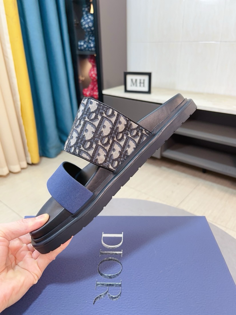 Dior 一比一男士涼拖 黑色Oblique拼接藍色織帶時尚款