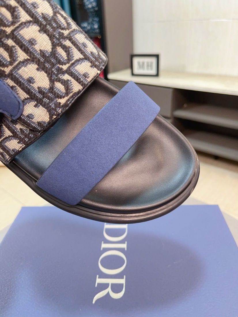 Dior 一比一男士涼拖 黑色Oblique拼接藍色織帶時尚款