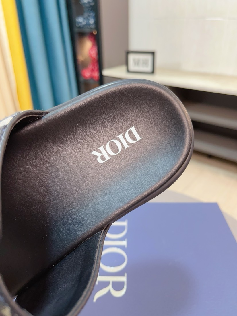 Dior 一比一男士涼拖 黑色Oblique拼接藍色織帶時尚款