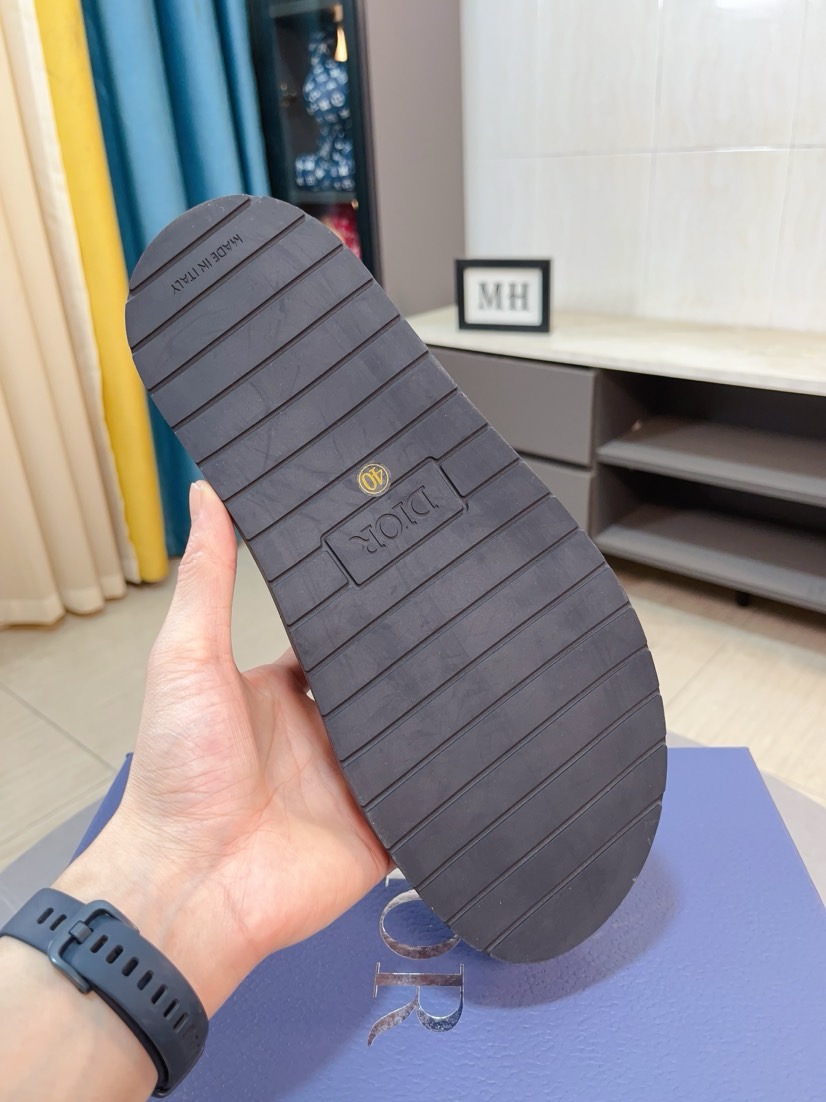 Dior 一比一男士涼拖 黑色Oblique拼接藍色織帶時尚款