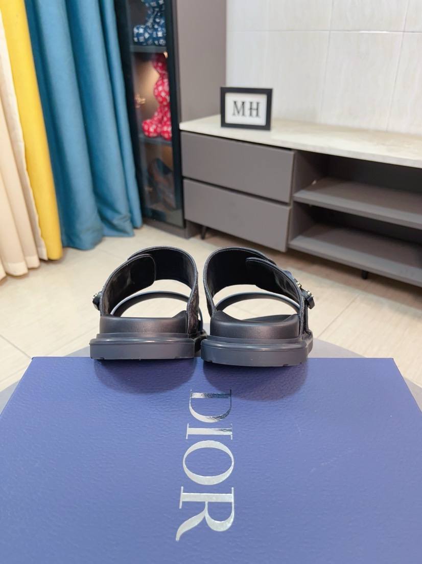 Dior 一比一男士涼拖 黑色Oblique拼接藍色織帶時尚款