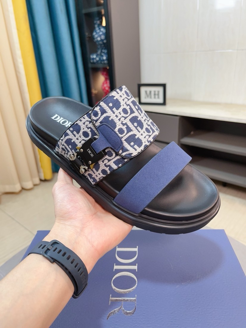 Dior 高仿男士涼拖 藍色Oblique印花搭配扣具設計休閒拖