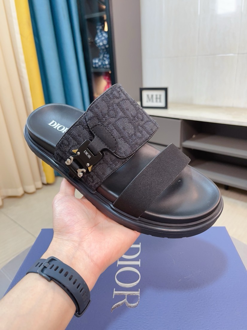 Dior 高仿男士涼拖 深灰Oblique印花搭配扣具低調質感款