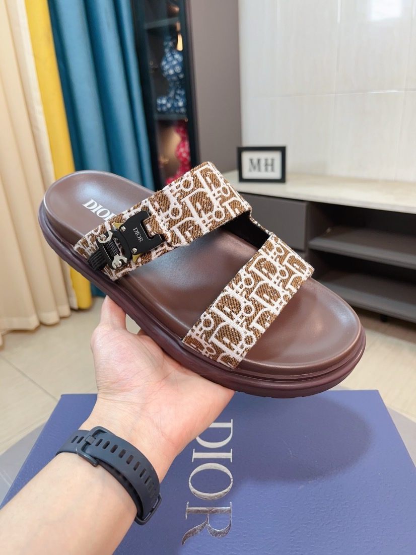 Dior 高仿男士涼拖 棕色Oblique印花雙帶扣具設計休閒款
