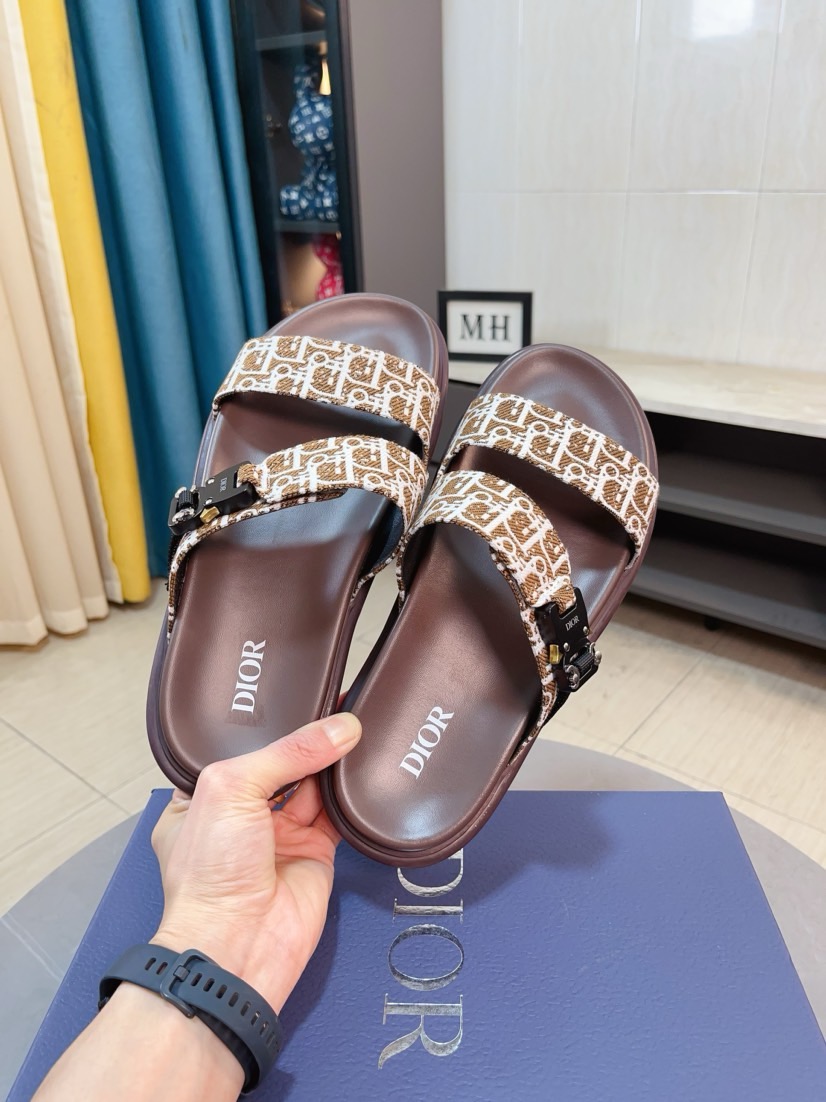 Dior 高仿男士涼拖 棕色Oblique印花雙帶扣具設計休閒款