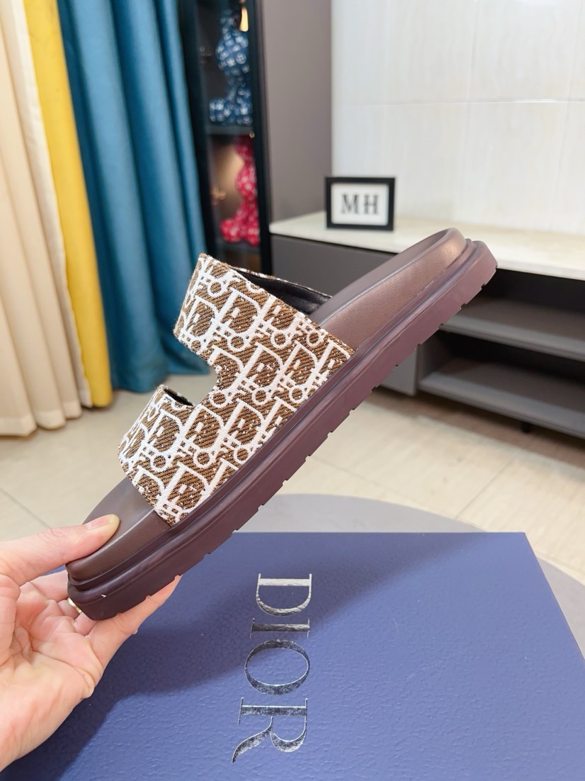 Dior 高仿男士涼拖 棕色Oblique印花雙帶扣具設計休閒款