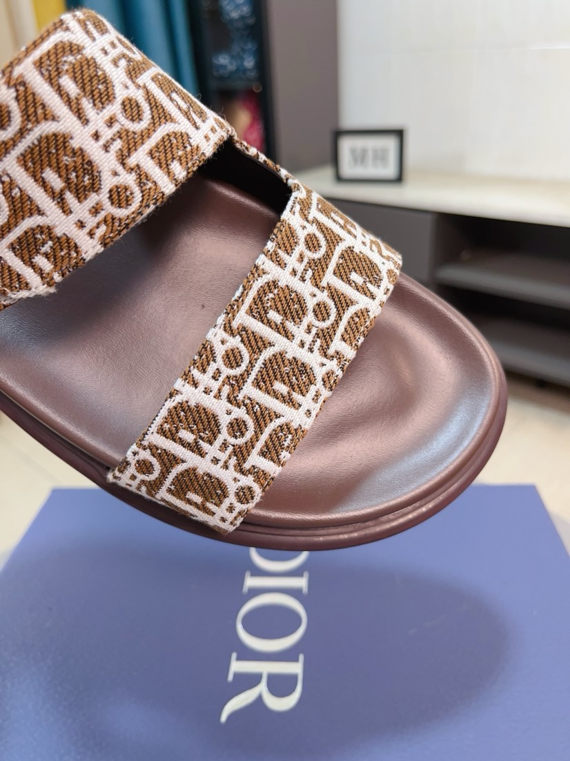 Dior 高仿男士涼拖 棕色Oblique印花雙帶扣具設計休閒款