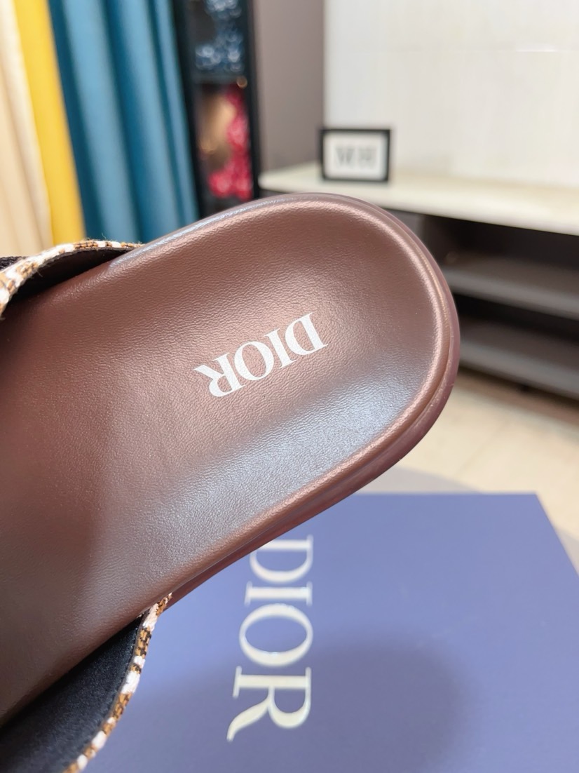 Dior 高仿男士涼拖 棕色Oblique印花雙帶扣具設計休閒款