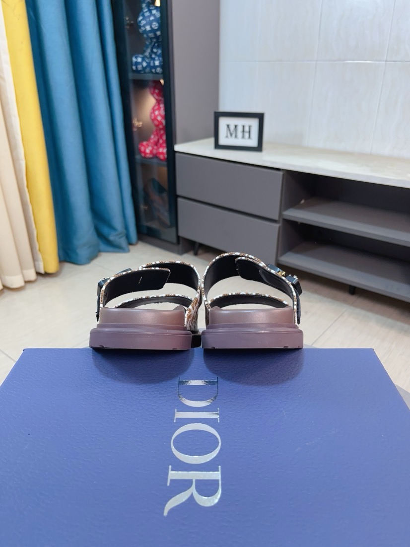 Dior 高仿男士涼拖 棕色Oblique印花雙帶扣具設計休閒款