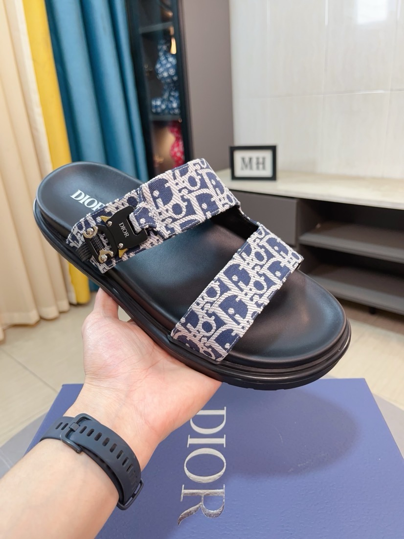Dior 一比一男士涼拖 藍色Oblique印花拼接黑底雙帶設計款