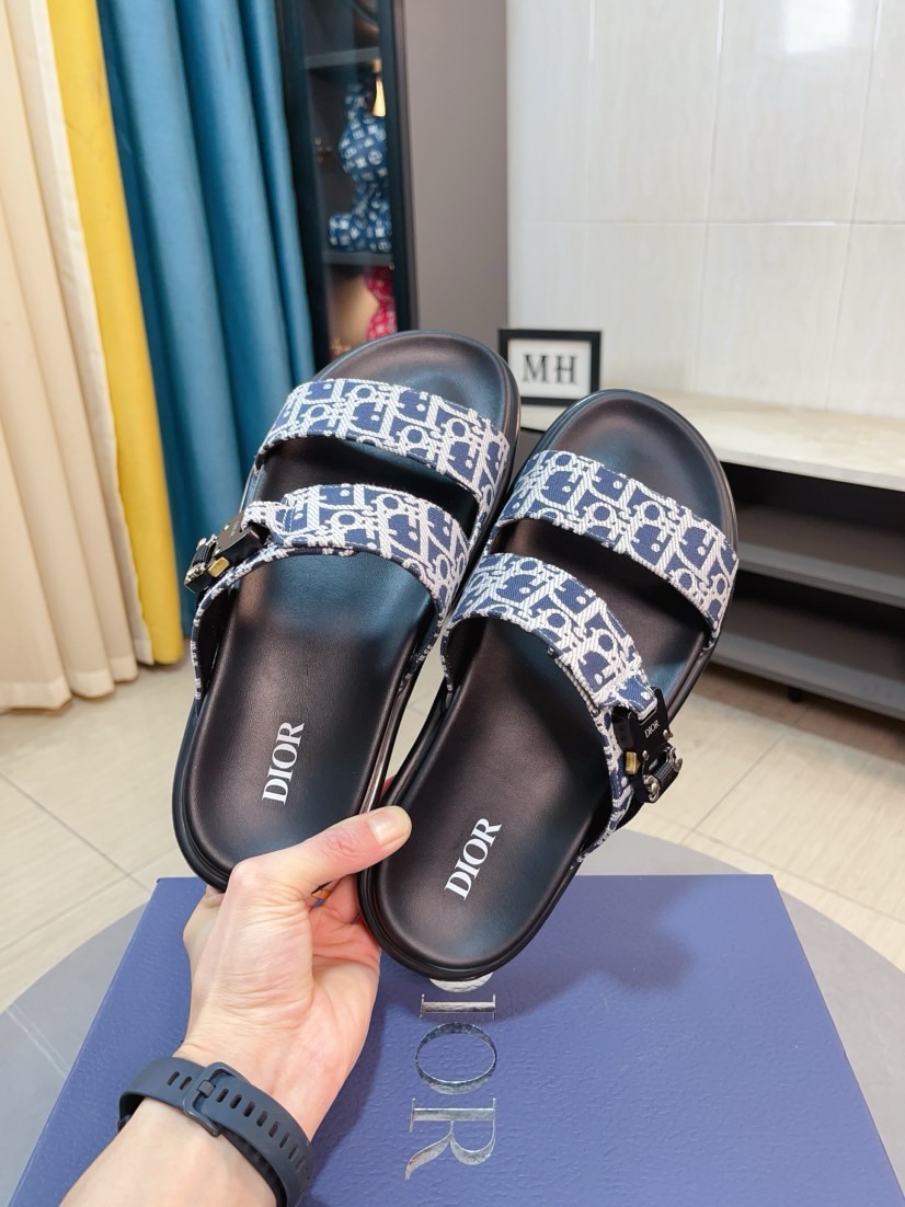 Dior 一比一男士涼拖 藍色Oblique印花拼接黑底雙帶設計款