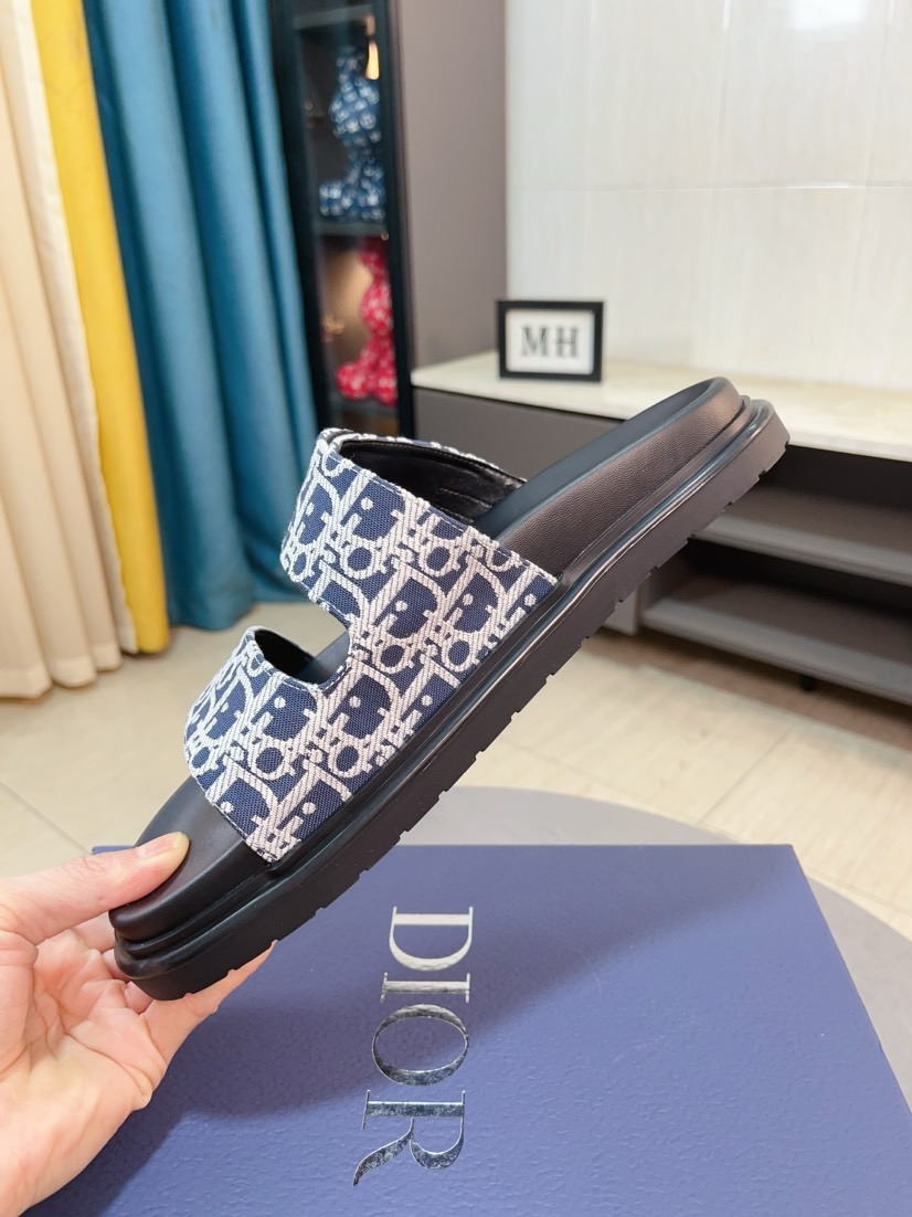 Dior 一比一男士涼拖 藍色Oblique印花拼接黑底雙帶設計款