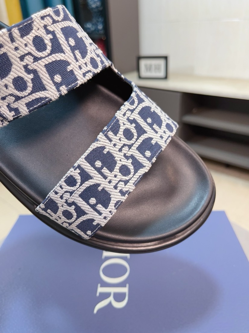 Dior 一比一男士涼拖 藍色Oblique印花拼接黑底雙帶設計款