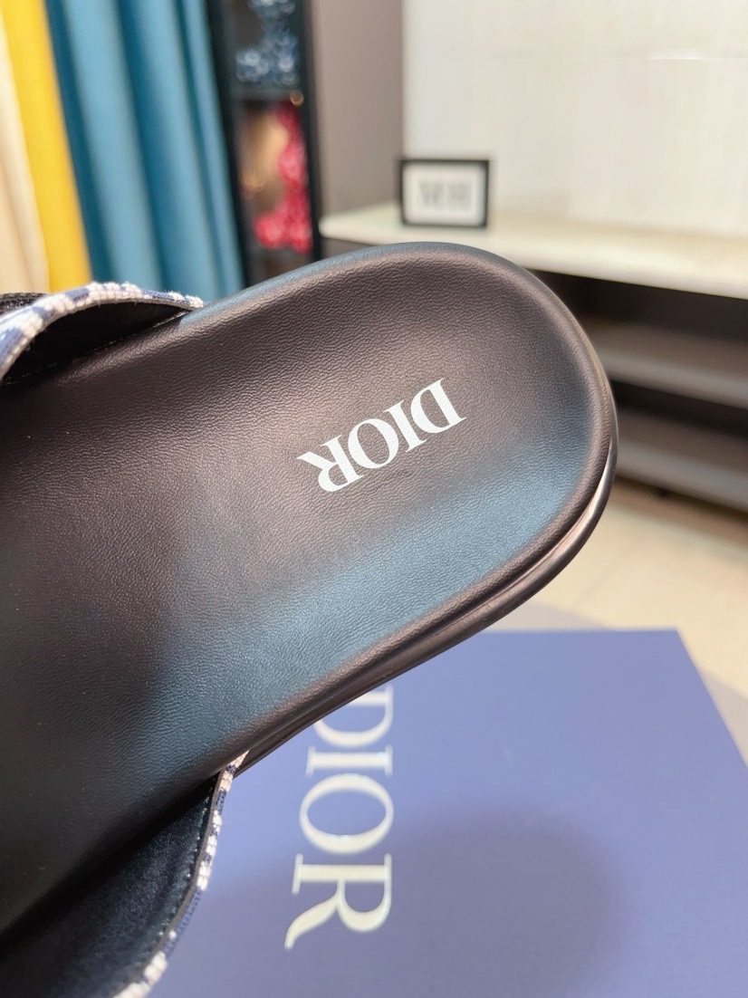 Dior 一比一男士涼拖 藍色Oblique印花拼接黑底雙帶設計款