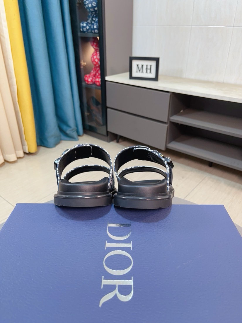 Dior 一比一男士涼拖 藍色Oblique印花拼接黑底雙帶設計款