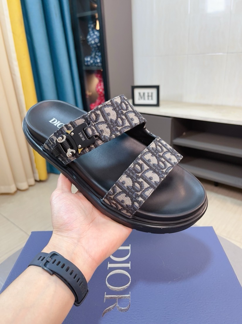 Dior 高仿男士涼拖 深色Oblique印花雙帶扣具質感款