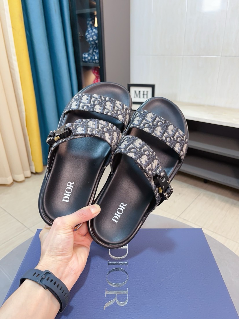Dior 高仿男士涼拖 深色Oblique印花雙帶扣具質感款