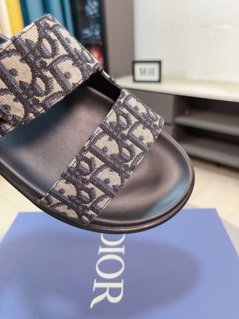 Dior 高仿男士涼拖 深色Oblique印花雙帶扣具質感款