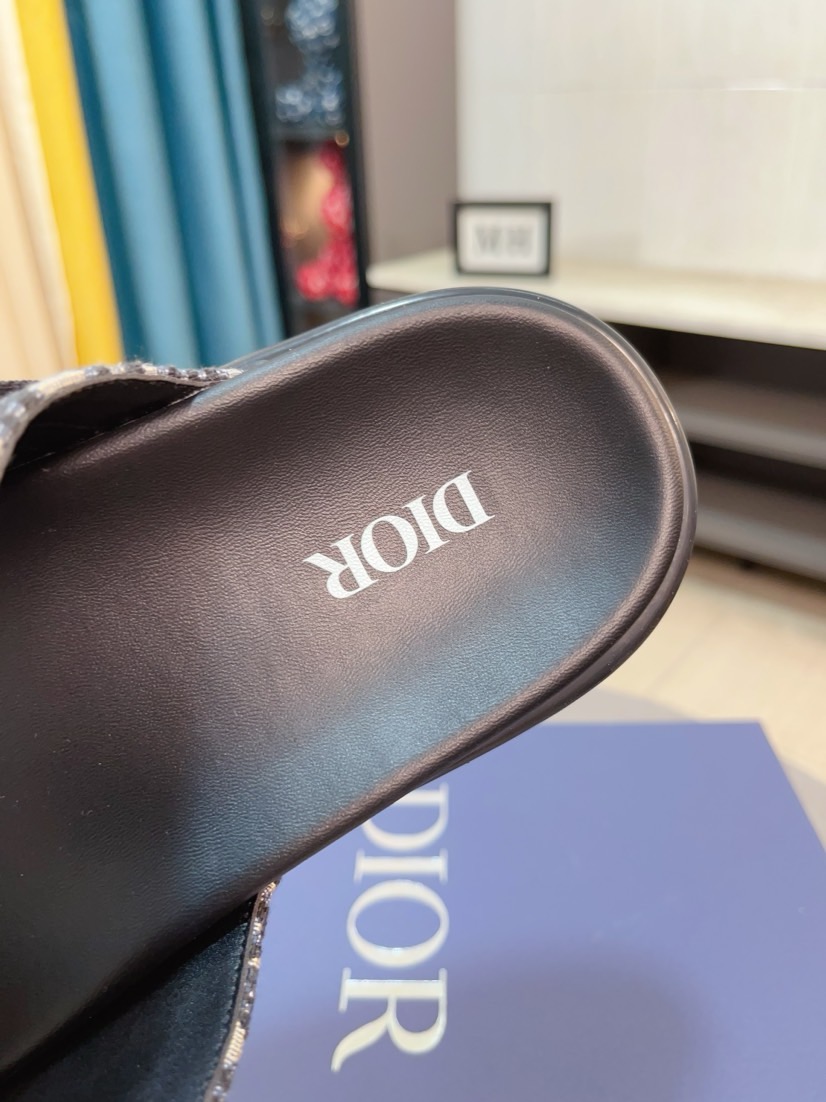 Dior 高仿男士涼拖 深色Oblique印花雙帶扣具質感款