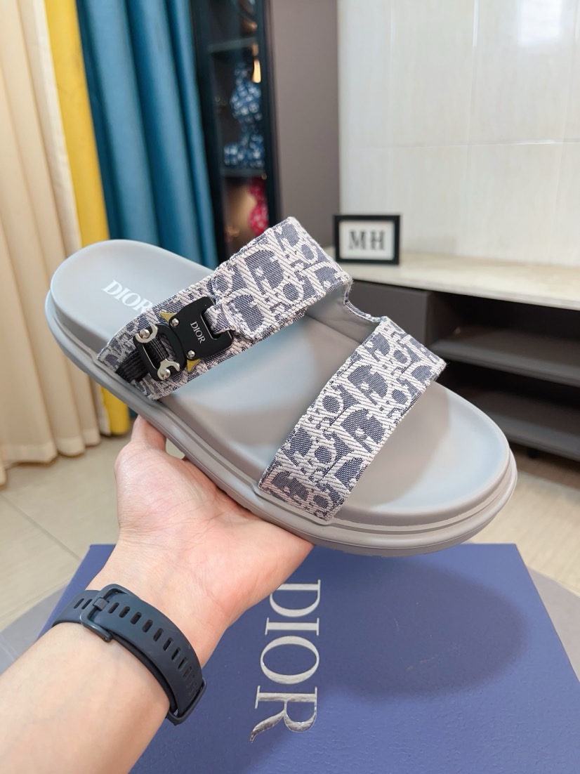 Dior 原單男士涼拖 淺灰Oblique印花搭配白底清爽雙帶款