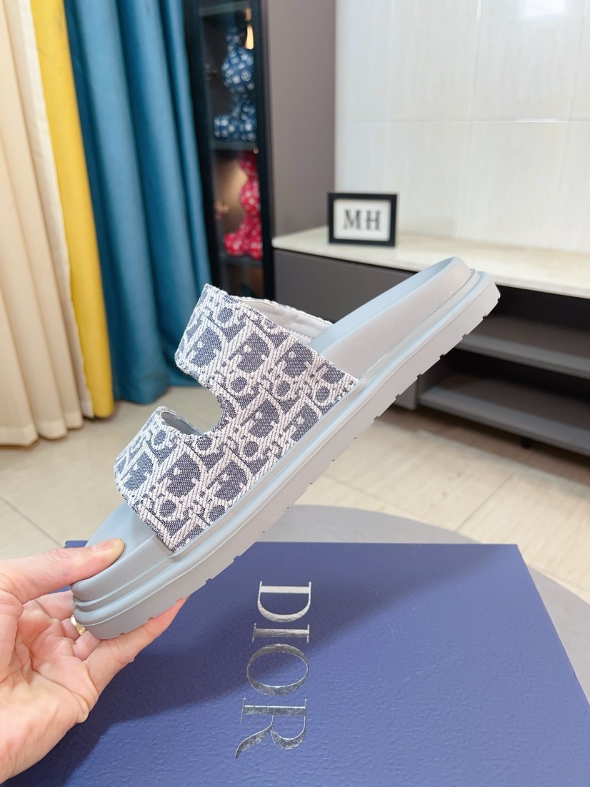 Dior 原單男士涼拖 淺灰Oblique印花搭配白底清爽雙帶款