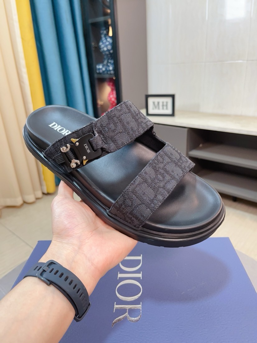 Dior 高仿男士涼拖 深灰Oblique印花雙帶設計低調百搭款
