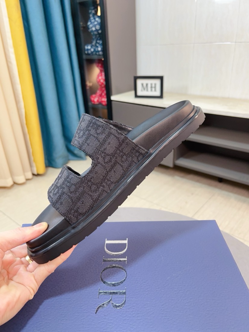 Dior 高仿男士涼拖 深灰Oblique印花雙帶設計低調百搭款