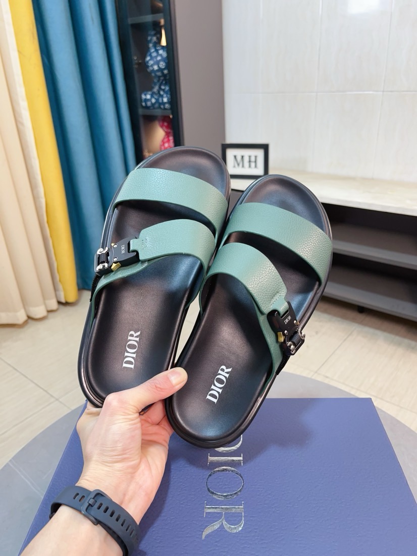 Dior 高仿男士涼拖 綠色皮質雙帶扣具設計潮流休閒款