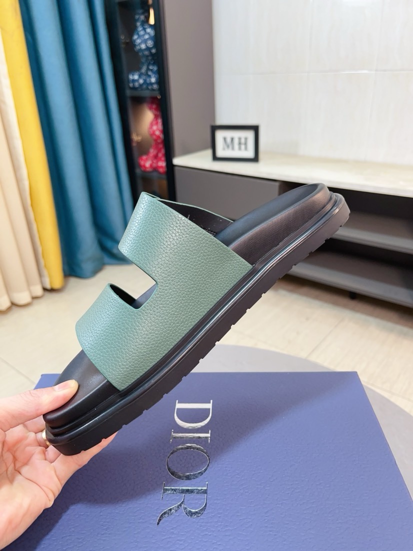 Dior 高仿男士涼拖 綠色皮質雙帶扣具設計潮流休閒款