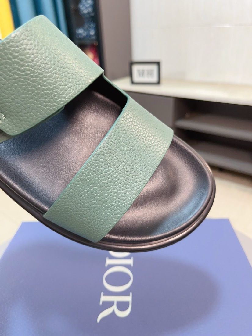 Dior 高仿男士涼拖 綠色皮質雙帶扣具設計潮流休閒款