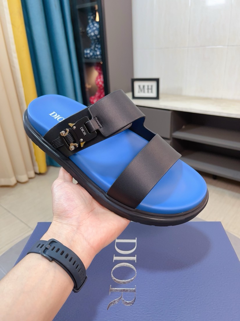 Dior 高仿男士涼拖 黑藍拼色鞋底雙帶扣具設計潮流款