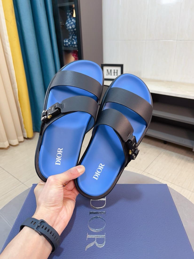 Dior 高仿男士涼拖 黑藍拼色鞋底雙帶扣具設計潮流款