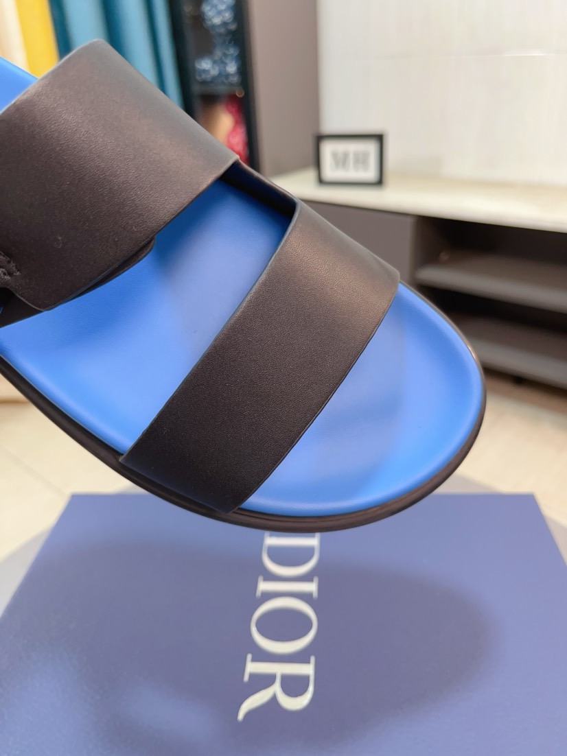 Dior 高仿男士涼拖 黑藍拼色鞋底雙帶扣具設計潮流款