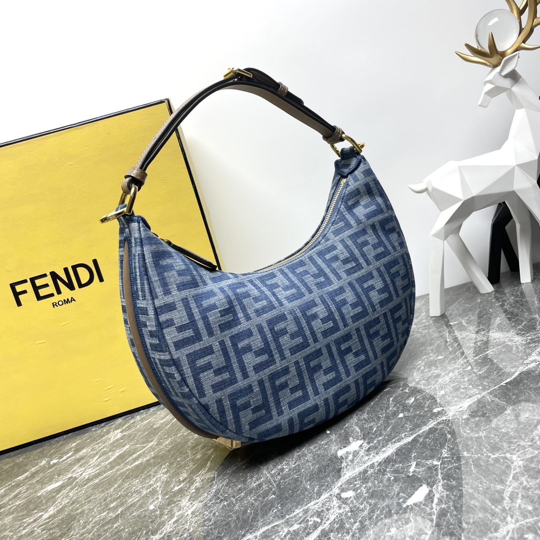 Fendi A貨 Graphy FF丹寧老花半月肩背包經典復古款