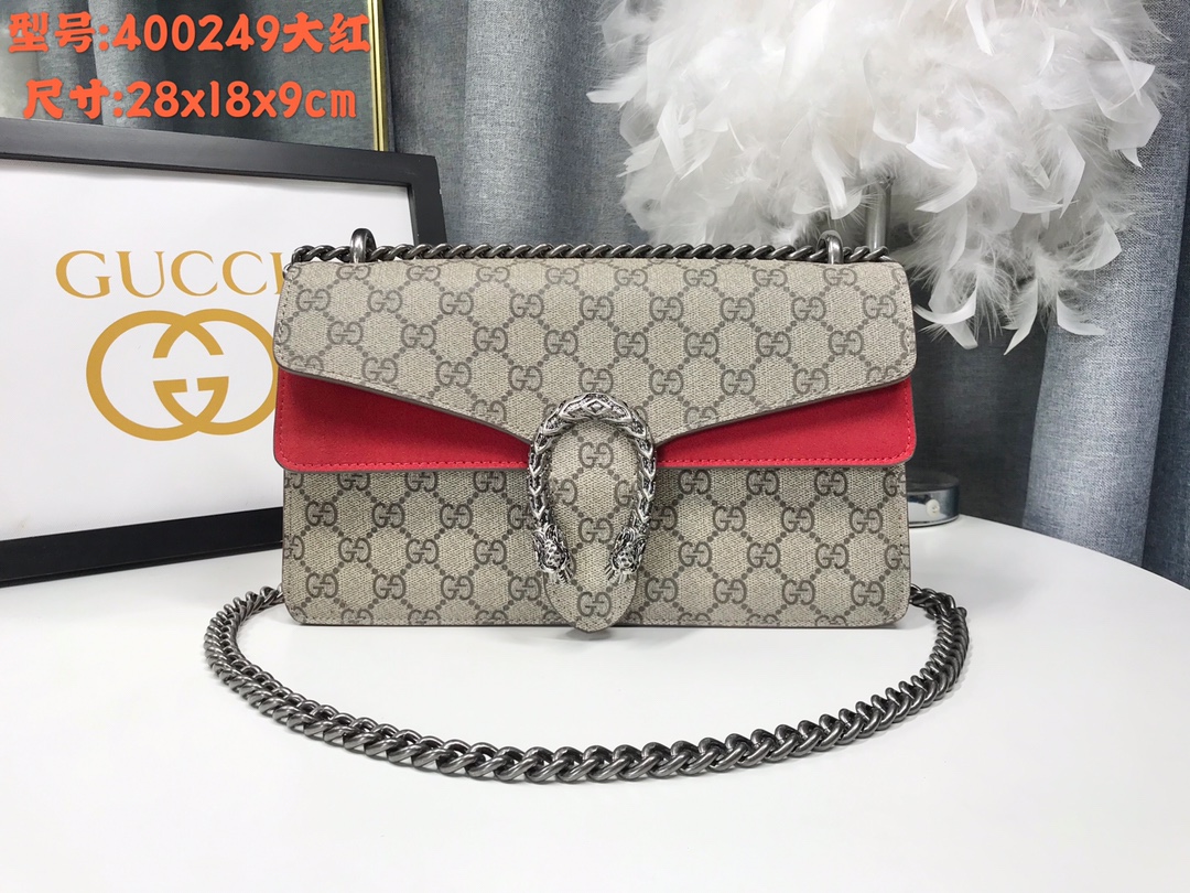 Gucci Dionysus 酒神包 GG Supreme 紅色拼接鍊條單肩包 28cm