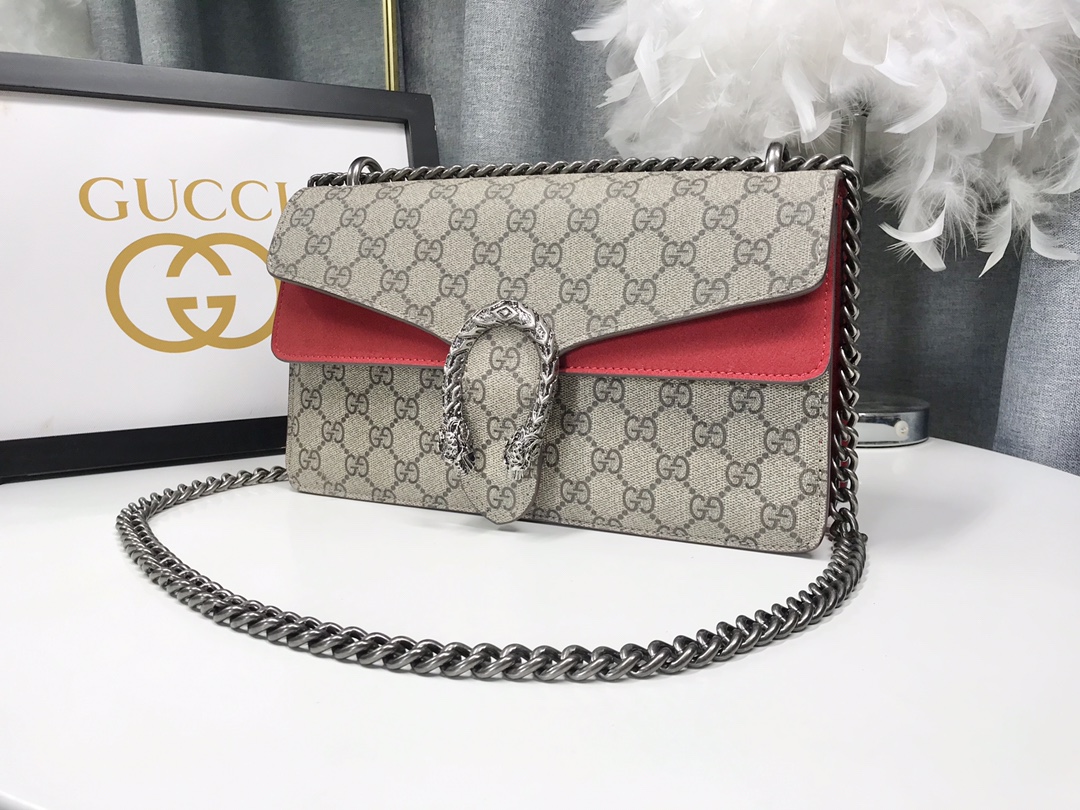 Gucci Dionysus 酒神包 GG Supreme 紅色拼接鍊條單肩包 28cm