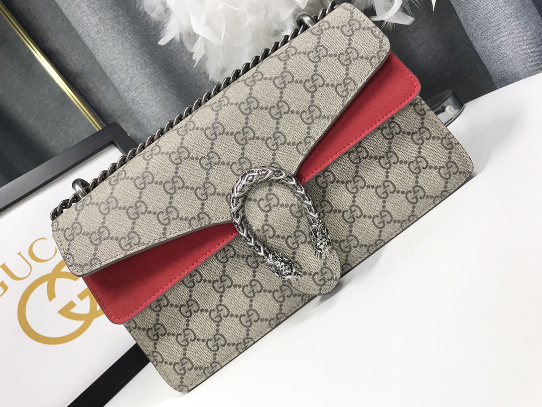 Gucci Dionysus 酒神包 GG Supreme 紅色拼接鍊條單肩包 28cm