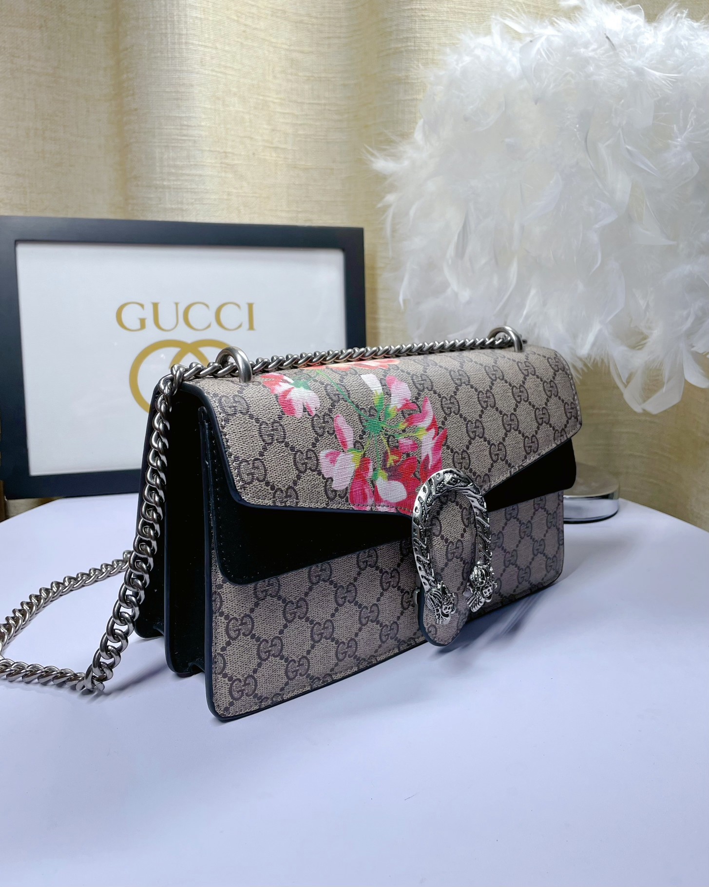 Gucci Dionysus 酒神包 花卉印花 GG Supreme 鍊條包 黑色款 28cm