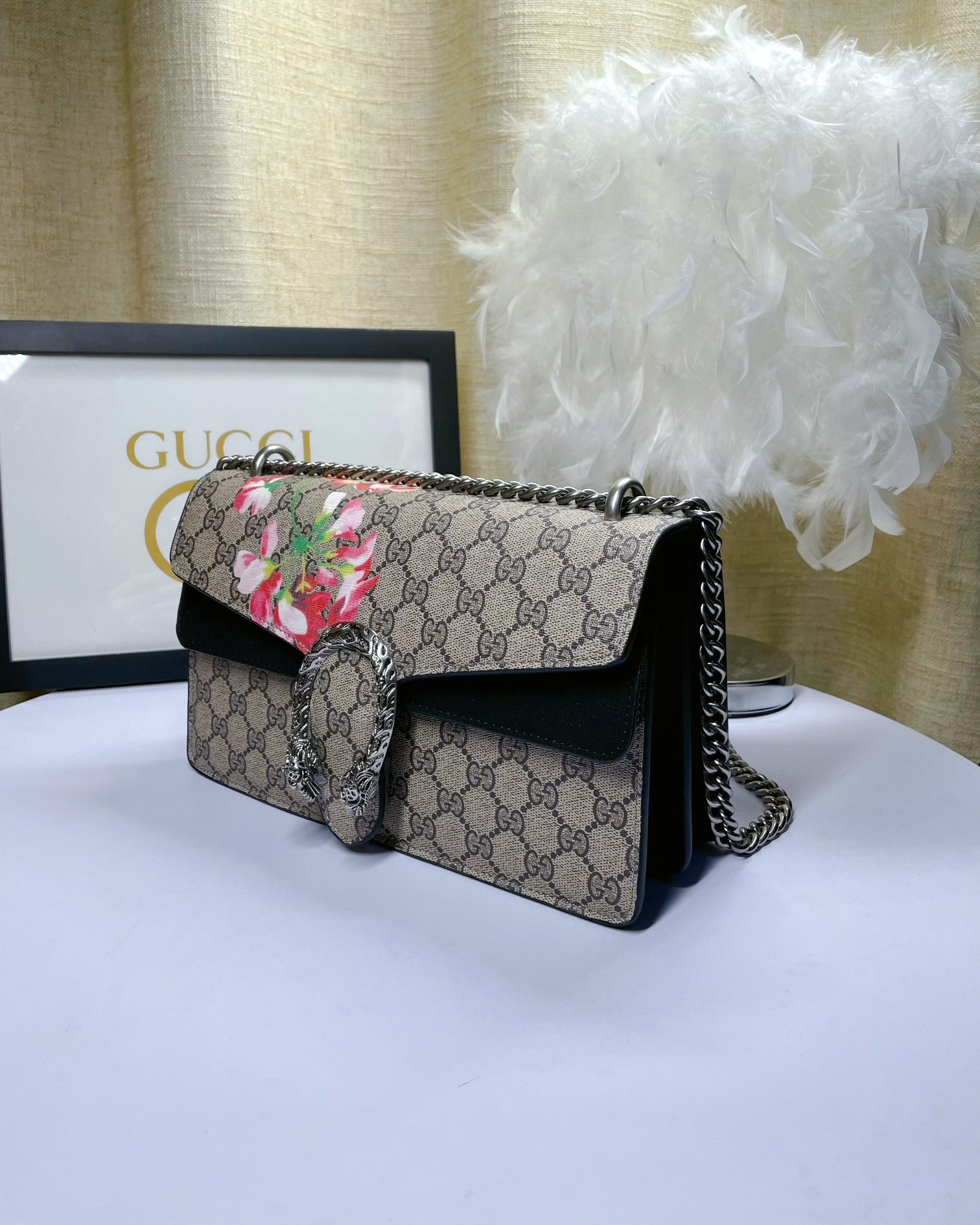 Gucci Dionysus 酒神包 花卉印花 GG Supreme 鍊條包 黑色款 28cm
