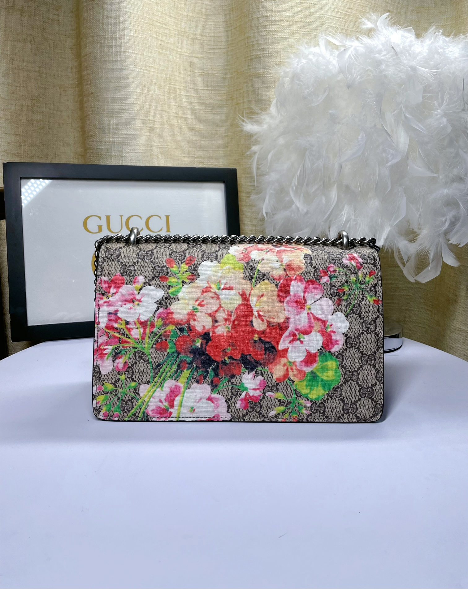 Gucci Dionysus 酒神包 花卉印花 GG Supreme 鍊條包 黑色款 28cm